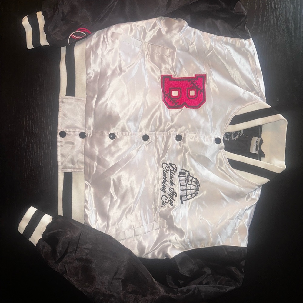 Black Igloo Cropped Bomber Jacket - White & Black Satin Varsity Style